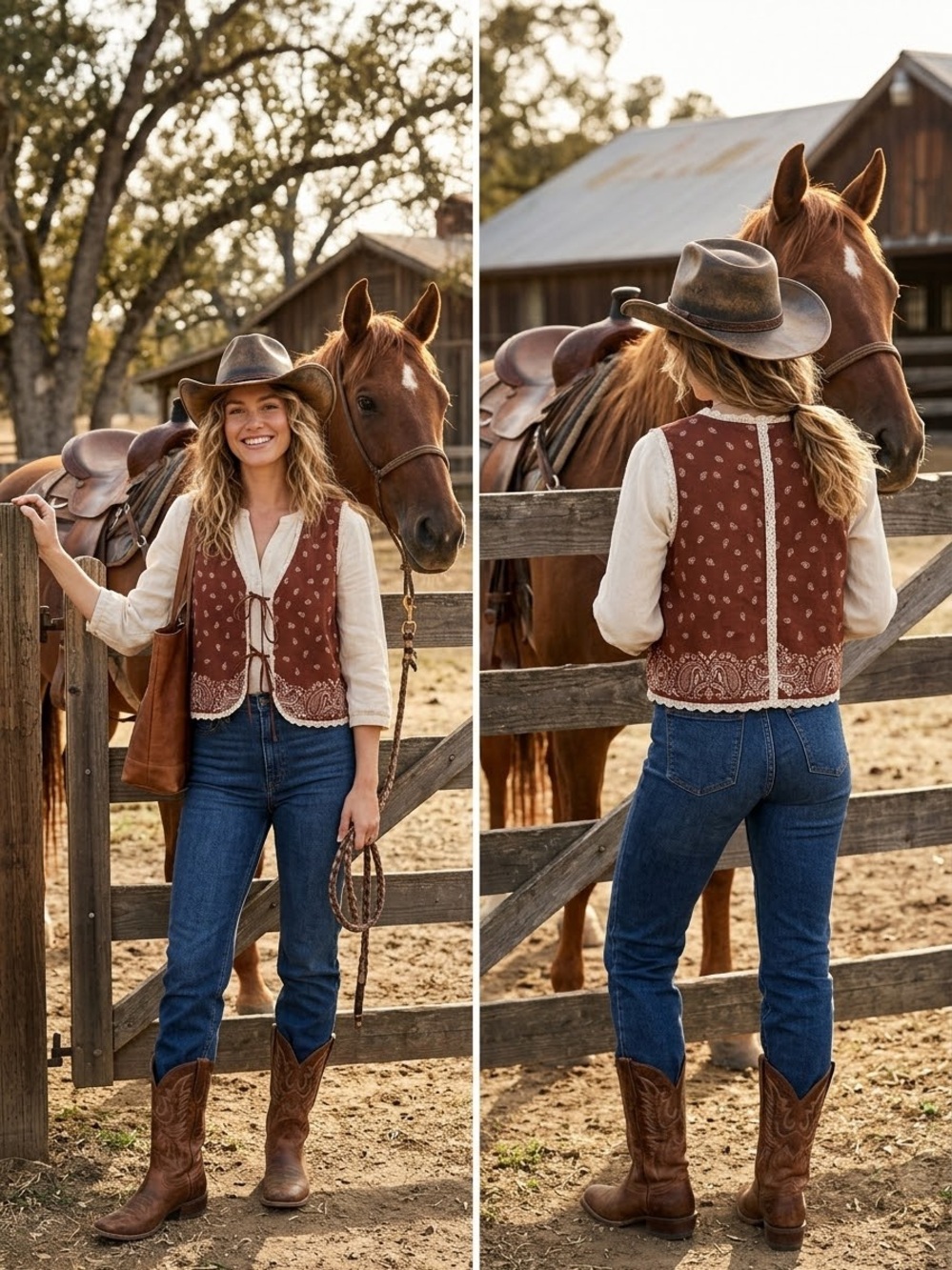 Boho Western Linen Paisley Tie Front Vest SZ XL